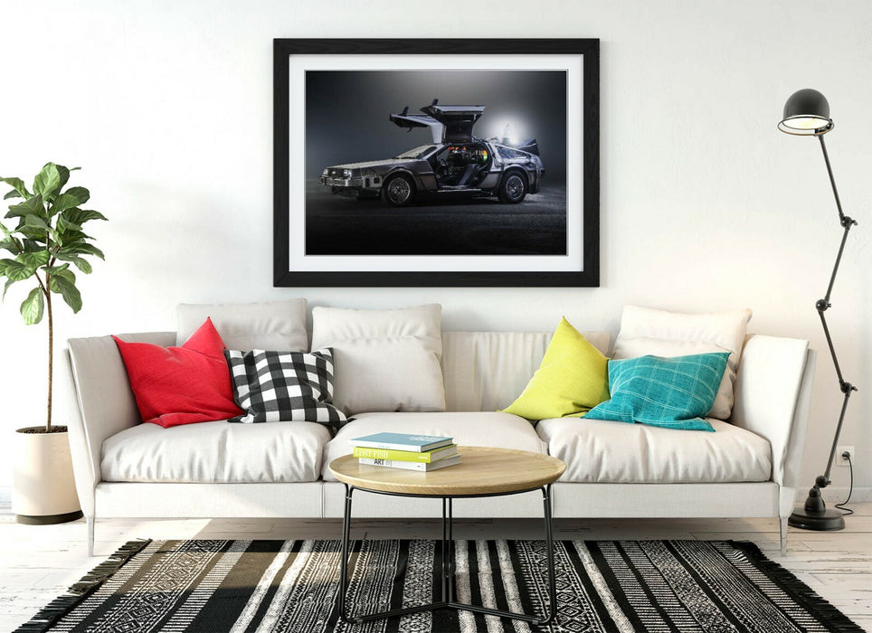 DeLorean Framed Poster – Back to the Future Art | UK Handmade Wood Grain Frame