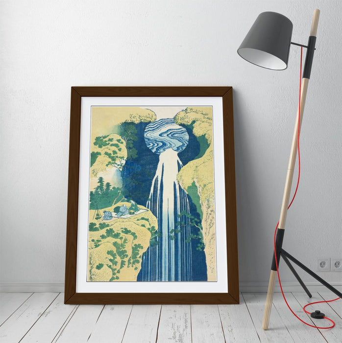 Framed Art Poster – Hokusai Amida Falls Artwork with Wood Grain Frame, Matte Paper Print