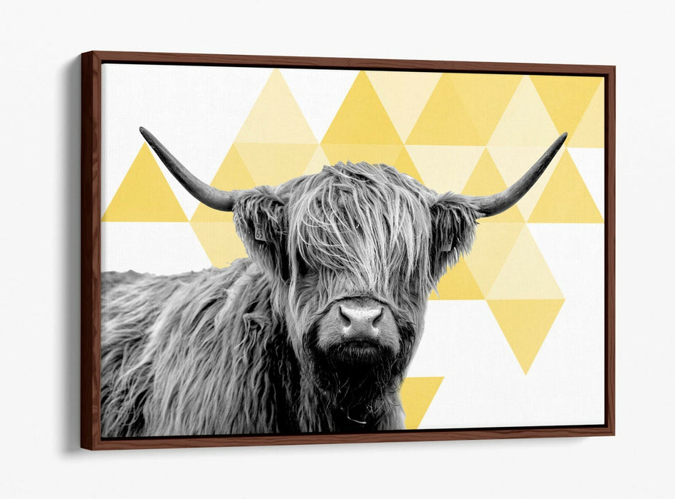 HIGHLAND COW YELLOW SPARSE GEOMETRIC -FLOAT EFFECT CANVAS WALL ART PIC PRINT
