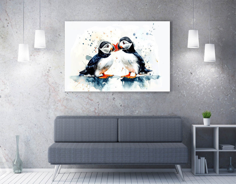 Puffins Canvas Art - Cute Animal Artwork Ready To Hang | Handmade Wall Decor Print