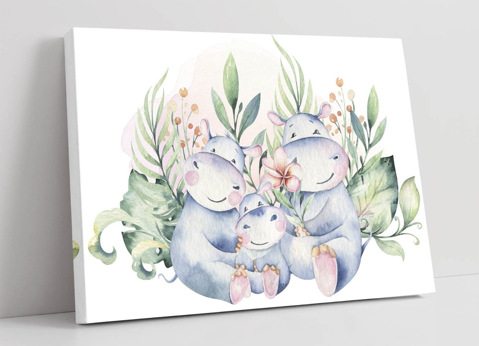 Watercolour Hippo Canvas - Cute Family Home Decor | Handmade Wall Art Print