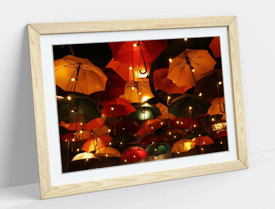 Framed Wall Art - Umbrella Sky Lights Night Time Photography Print With Woodgrain Frame