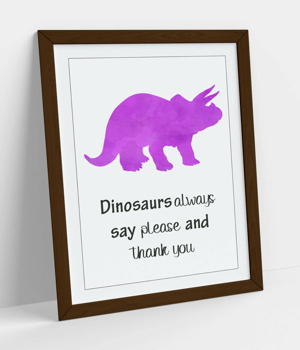 "DINOSAURS SAY PLEASE" WATERCOLOUR NURSERY QUOTE -FRAMED WALL ART PICTURE PRINT