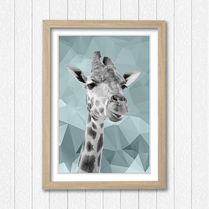 GIRAFFE BLACK AND WHITE DUCK EGG BLUE GEO FRAMED POSTER WALL ART PRINT ARTWORK