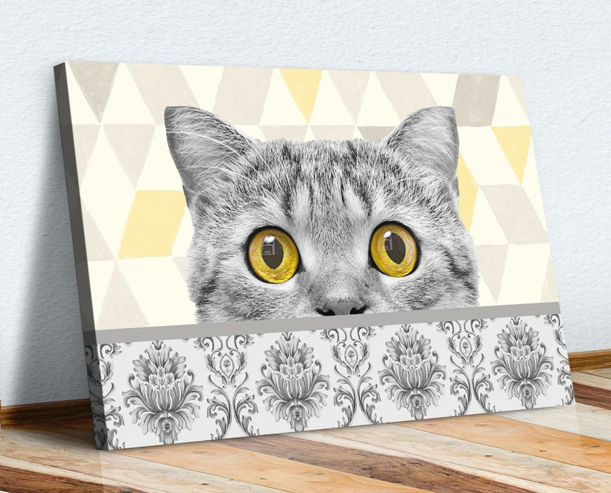 Canvas Wall Art | Peering Cat Yellow Grey Damask Framed Print 30mm Deep