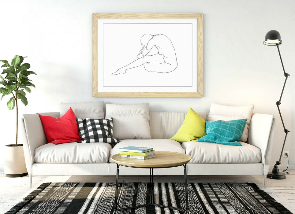 Nude Woman Line Art - Framed Wall Art Blue Line Drawing with Woodgrain Frame Design