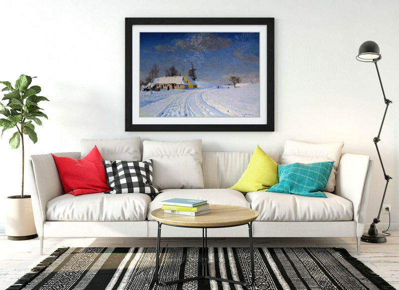 Framed Art Print - Snowy Landscape Wall Art Poster with Wood Grain Frame