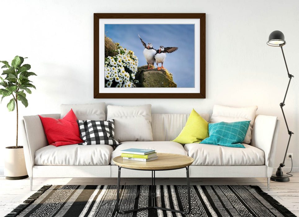 Framed Wall Art - Puffin Art Print on Cliff Edge | Bedroom Wall Decor, UK Handmade Frames