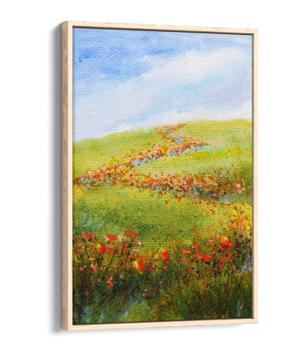 WATERCOLOUR RED FLOWERS IN FIELD HOME DECOR FLOAT EFFECT CANVAS WALL ART PRINT