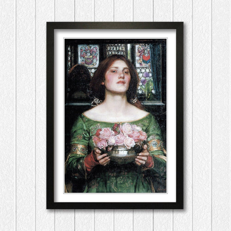 Framed Art Print - John William Waterhouse Gather Ye Rosebuds Classic Painting With Woodgrain Frame