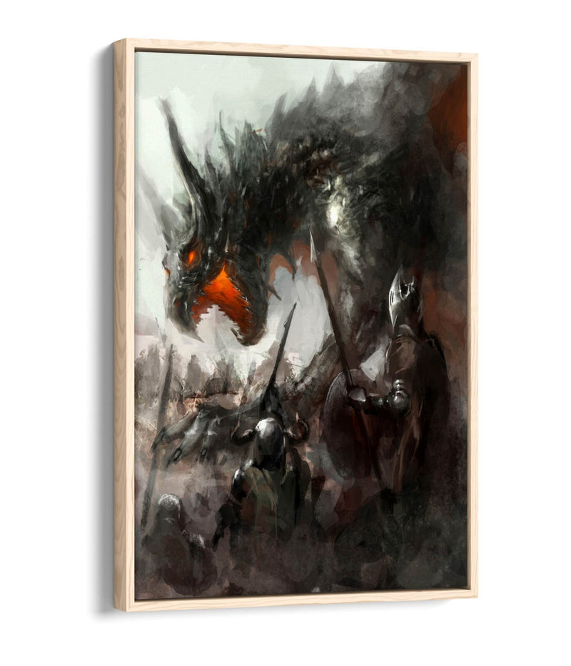 Canvas Wall Art – Watercolour Dragon & Knights Float Effect Print with Premium Frame