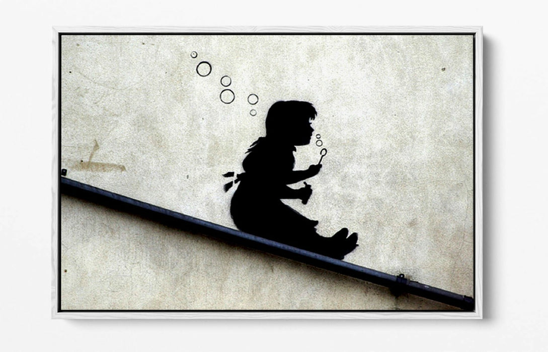 BANKSY GIRL SLIDE -FLOAT EFFECT CANVAS WALL ART PIC PRINT- BLACK & WHITE