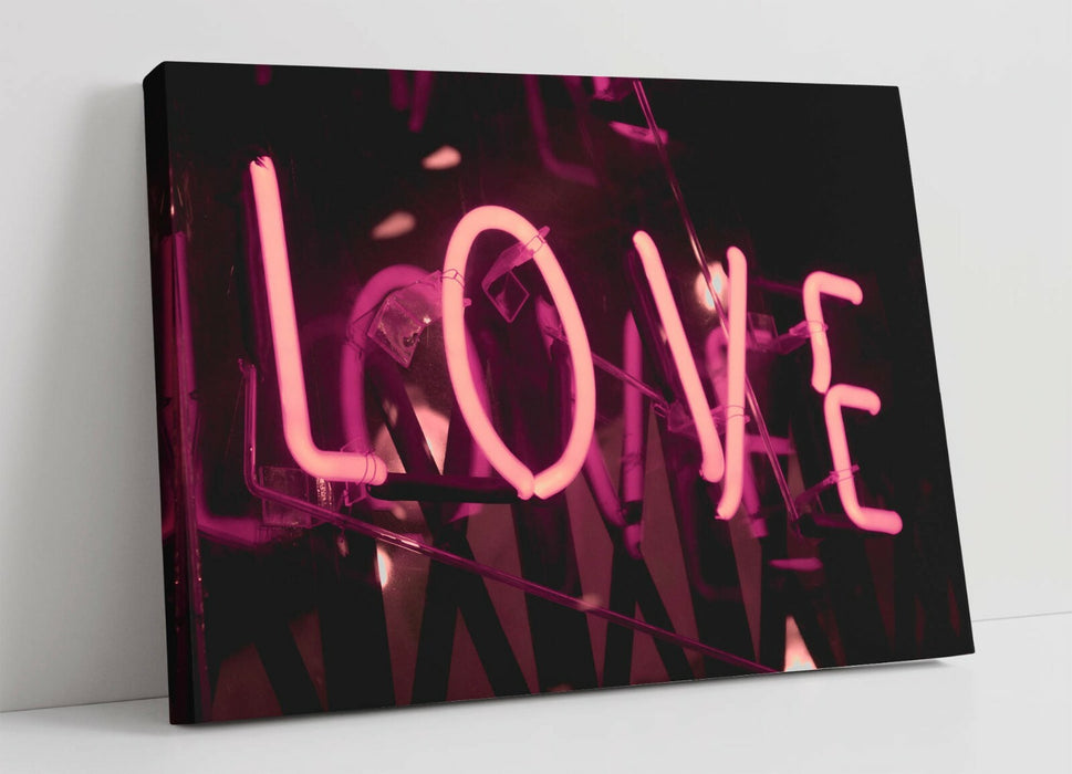 Pink Neon Love Sign Canvas Wall Art – Framed Bedroom Decor, Ready To Hang Print