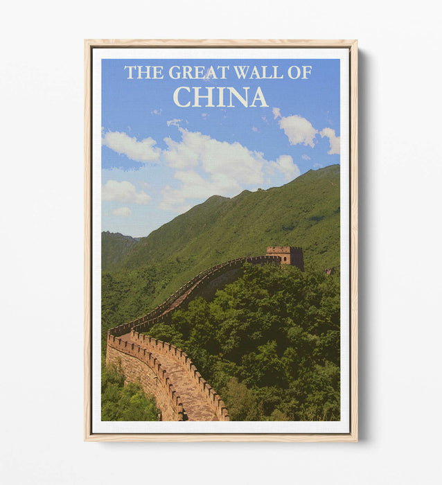 VINTAGE GREAT WALL OF CHINA TRAVEL POSTER -FLOAT EFFECT CANVAS ART PRINT- BLUE