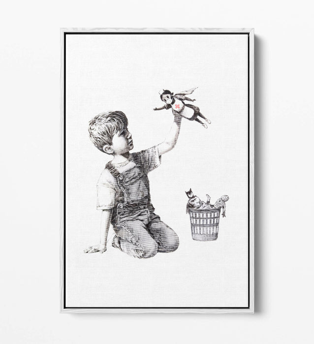BANKSY SUPER HERO NURSE -FLOAT EFFECT CANVAS WALL ART PIC PRINT- GREY
