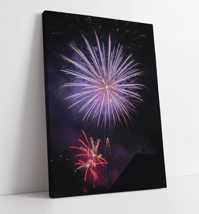 Purple Fireworks Canvas - Vibrant Black Sky Photography Wall Art Print