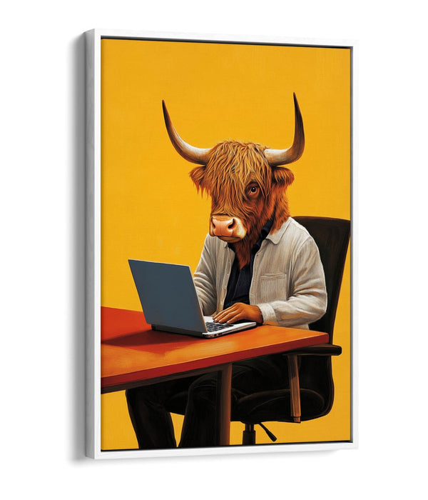 Canvas Wall Art - Anthropomorphic Highland Cow With Laptop | Float Effect, Handmade UK