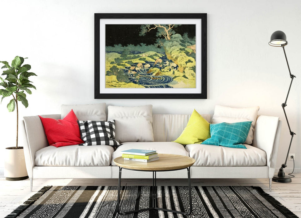 Framed Art Poster - Katsushika Hokusai Fishing Scene Artwork | Woodgrain Frame Wall Art Print