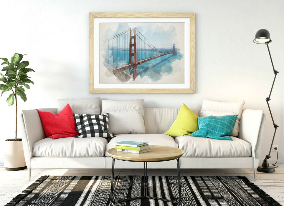 Framed Wall Art – Golden Gate Bridge Watercolour Painting Print With MDF Wood Frame