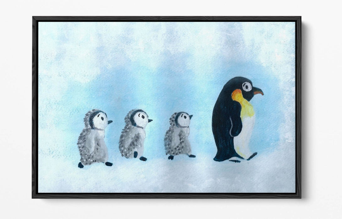 Baby Penguins Canvas - Cute Mother And Baby Penguin Wall Art | Float Effect Print