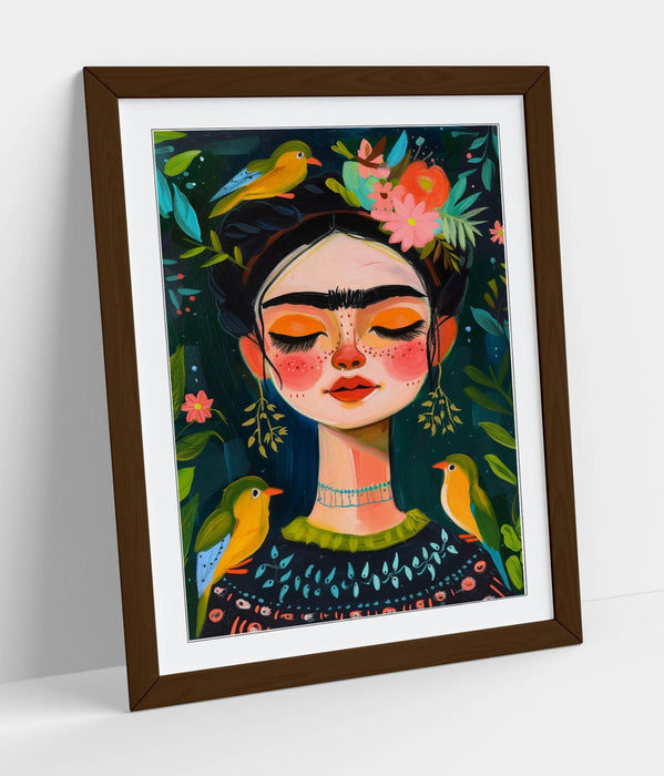 Frida Kahlo Wall Art – Cute Portrait Print With Jungle Wall Decor & Woodgrain Frame