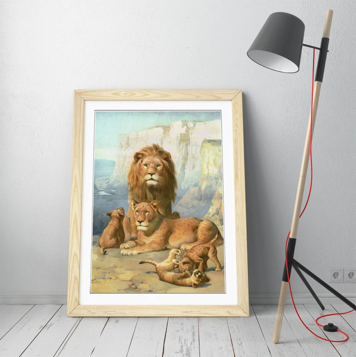 Lion Wall Art - Framed Wildlife Wall Decor With Cubs Print | Ready To Hang