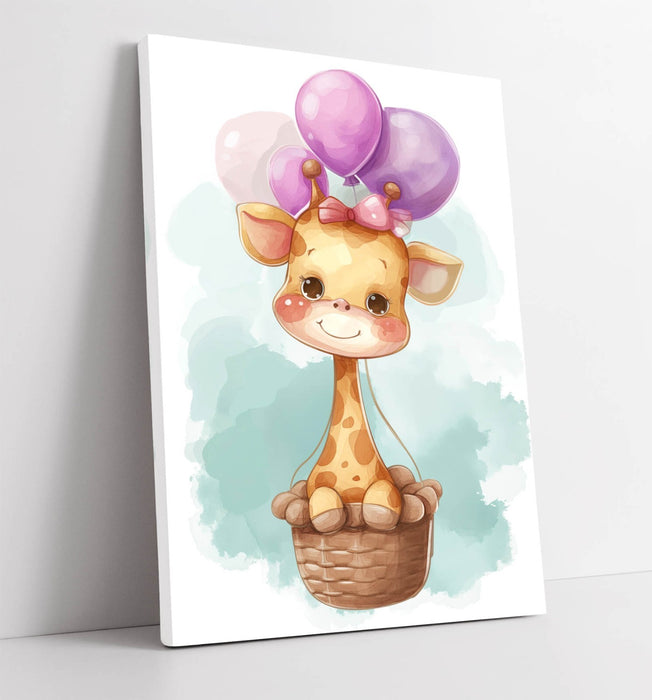 Giraffe Canvas Art - Cute Kids Wall Decor With Hot Air Balloon Print