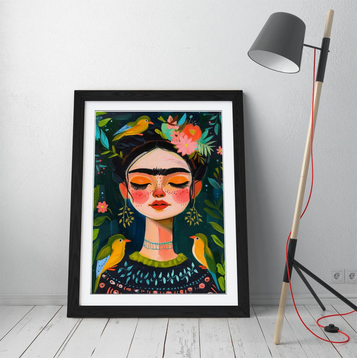 Frida Kahlo Wall Art – Cute Portrait Print With Jungle Wall Decor & Woodgrain Frame