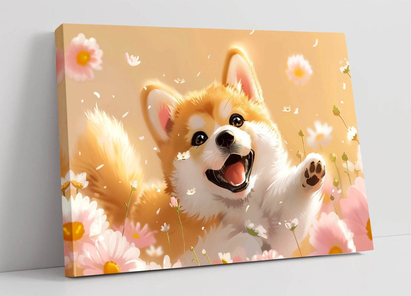 Shiba Inu Canvas Art - Cute Dog Wall Art | Floral Canvas Print, Ready To Hang
