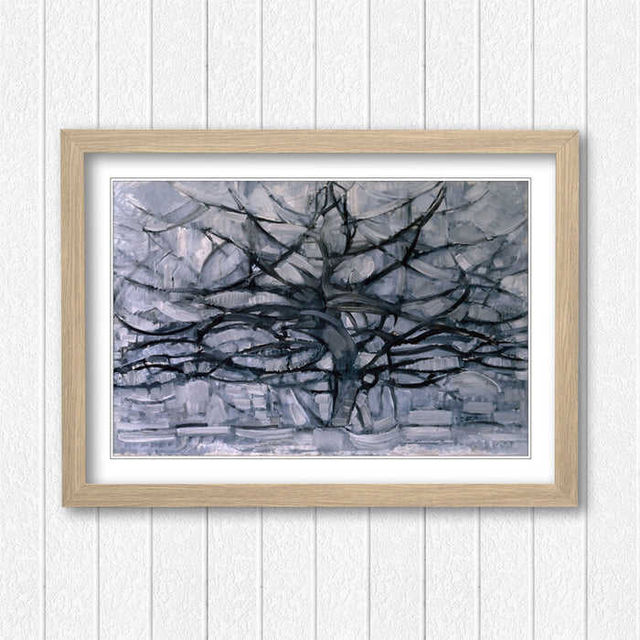 Mondrian Framed Wall Art – Abstract Geometric Art Print With Wood Grain Frame