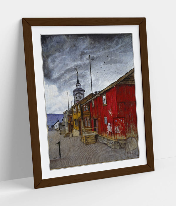 Framed Wall Art - Harald Sohlberg Street In Roros Poster Print With Woodgrain Frame