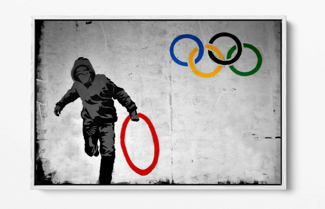 BANKSY OLYMPIC RINGS -FLOAT EFFECT CANVAS WALL ART PIC PRINT- RED YELLOW BLUE
