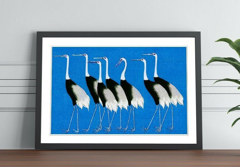 Framed Wall Art Print – Japanese Crane Poster With Woodgrain Frame Design