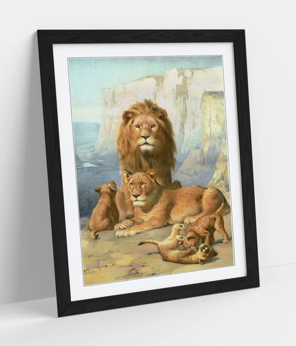 Lion Wall Art - Framed Wildlife Wall Decor With Cubs Print | Ready To Hang