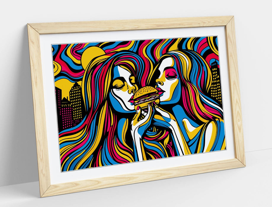 Framed Wall Art - Multi Colour Women Burger Artwork | Contemporary Poster Print 4 Sizes