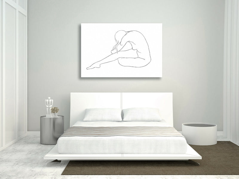 Canvas Wall Art - Black and White Nude Woman Line Drawing Artwork on Premium Canvas
