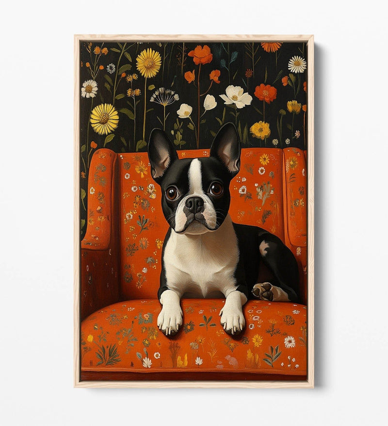 Floral Canvas Wall Art - Cute French Bulldog Print | Float Effect Canvas, Vibrant Color Artwork