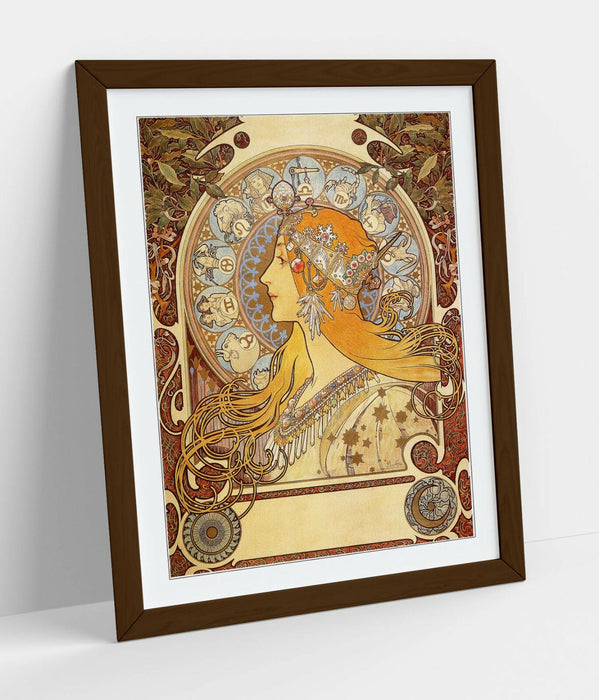 Framed Art Poster – Alphonse Mucha Zodiac Print with Wood Grain Frame
