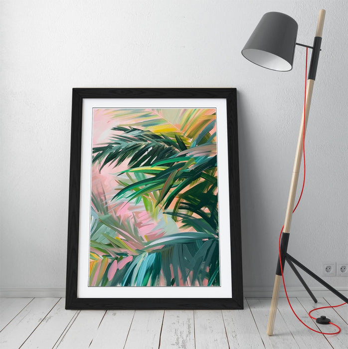 Framed Wall Art - Green Tree Leaves Pink Background Home Decor Print 4 Sizes