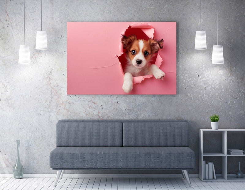 Puppy Canvas Wall Art - Cute Puppy Print On Pink Wall Decor | Handmade Ready To Hang