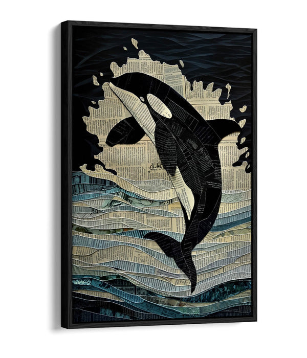 Orca Canvas Art – Jumping Whale Collage Print | Float Effect Wall Art