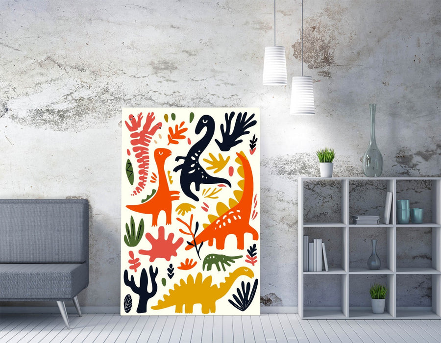 Dinosaur Kids Wall Art - Minimalist Colourful Dinosaur Print Canvas for Bedroom Decor