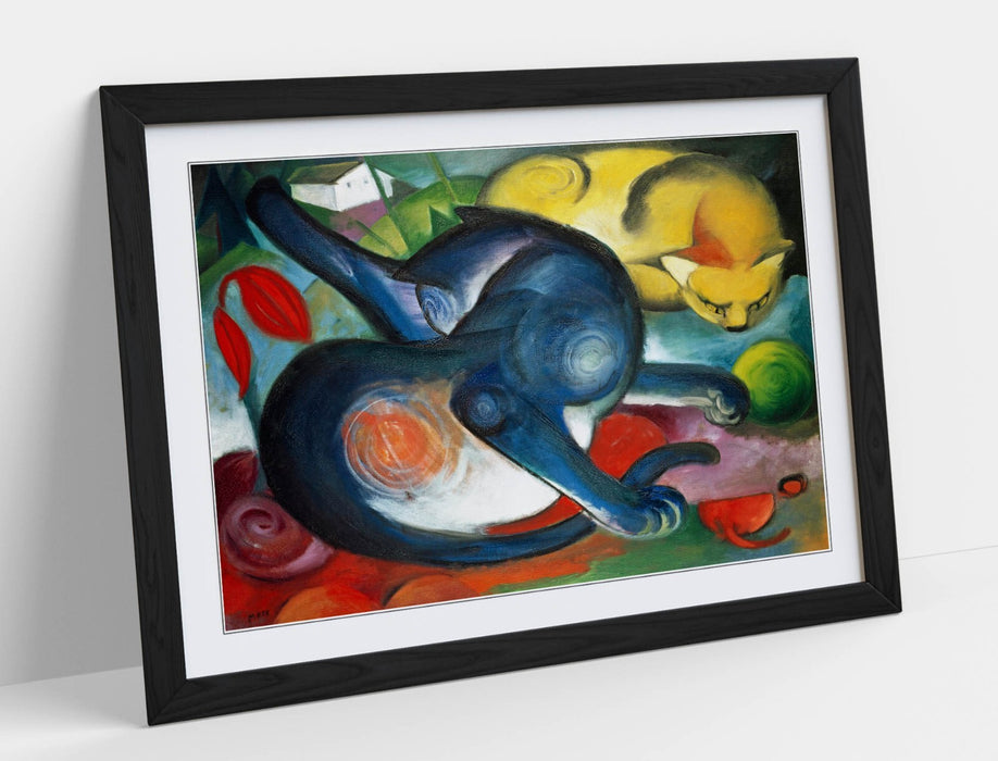 Framed Wall Art Poster – Two Cats Blue Yellow Print | Handmade MDF Wood Frame