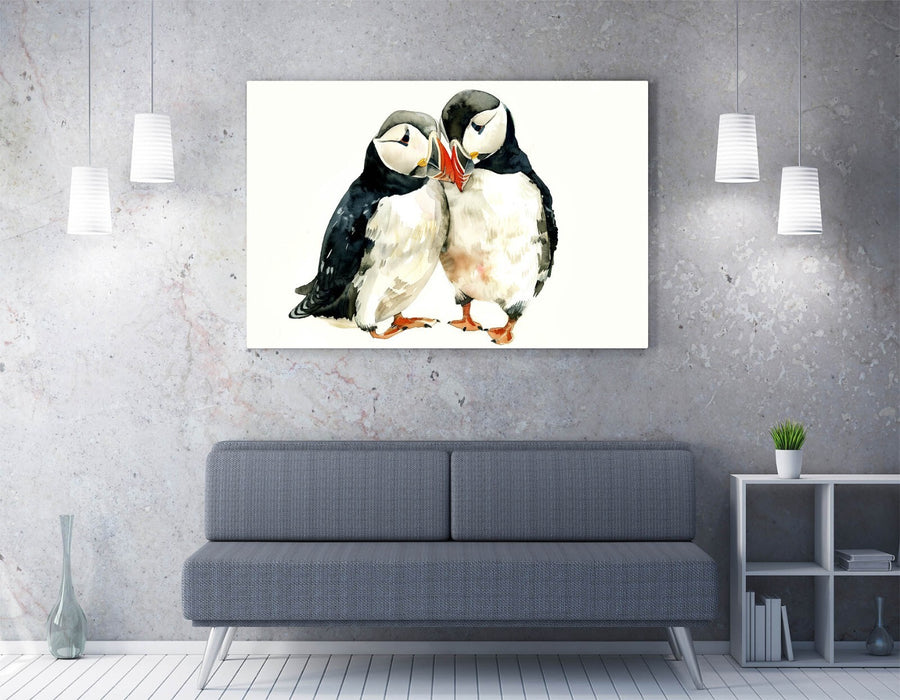 Puffins Canvas Wall Art - Cute Bird Couple Artwork on Archival Grade Canvas