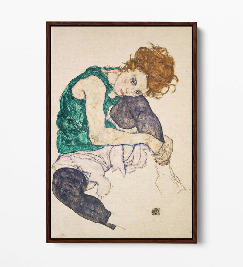 Canvas Wall Art - Egon Schiele, Seated Woman With Legs - Float Effect Print Green