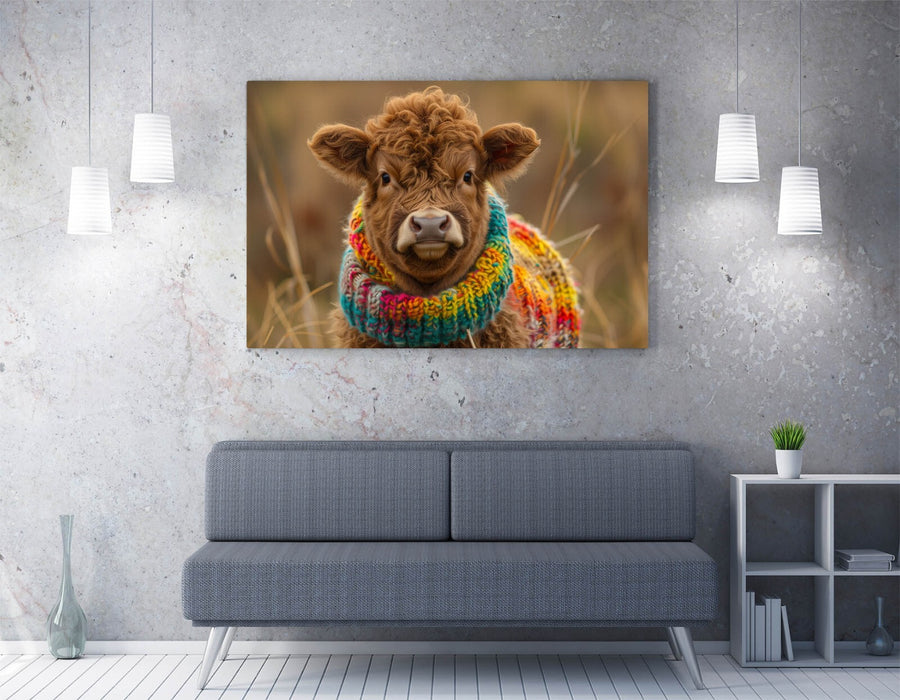 CUTE HIGHLAND COW WEARING RAINBOW JUMPER CANVAS WALL ART PICTURE PRINT