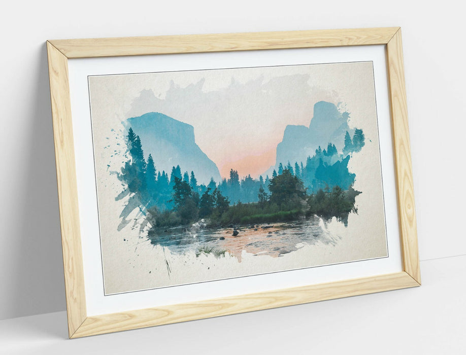 Framed Wall Art - Mountain Landscape Print With Watercolour Painting Effect