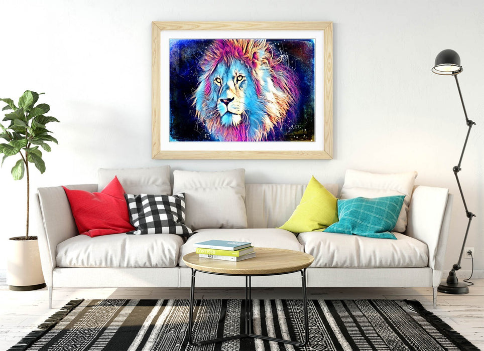 PURPLE BLUE LION SKETCH BLACK BACKGROUND -FRAMED ART POSTER PICTURE PRINT
