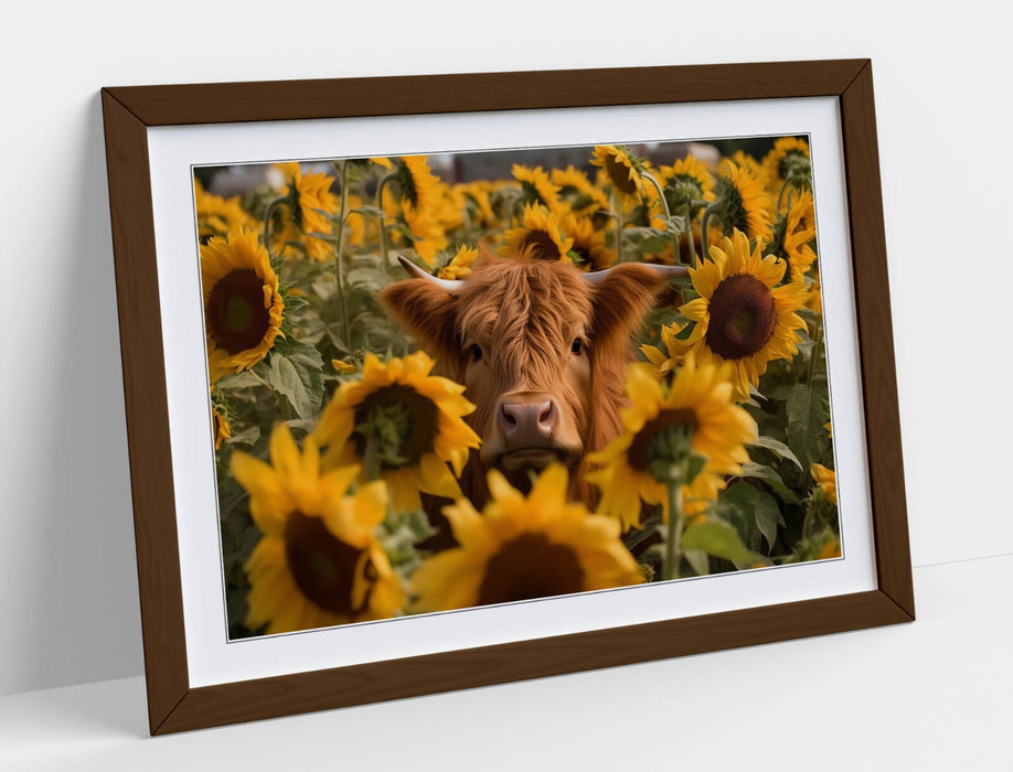 Highland Cow Wall Art – Framed Sunflower Field Poster | Rustic Farmhouse Decor