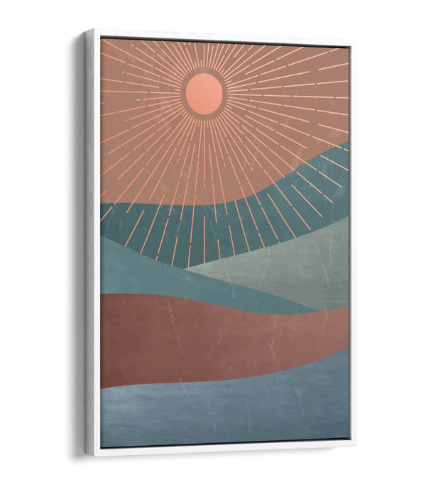 Canvas Wall Art – Abstract Sun Rays & Mountains Float Effect Print with Premium Varnish